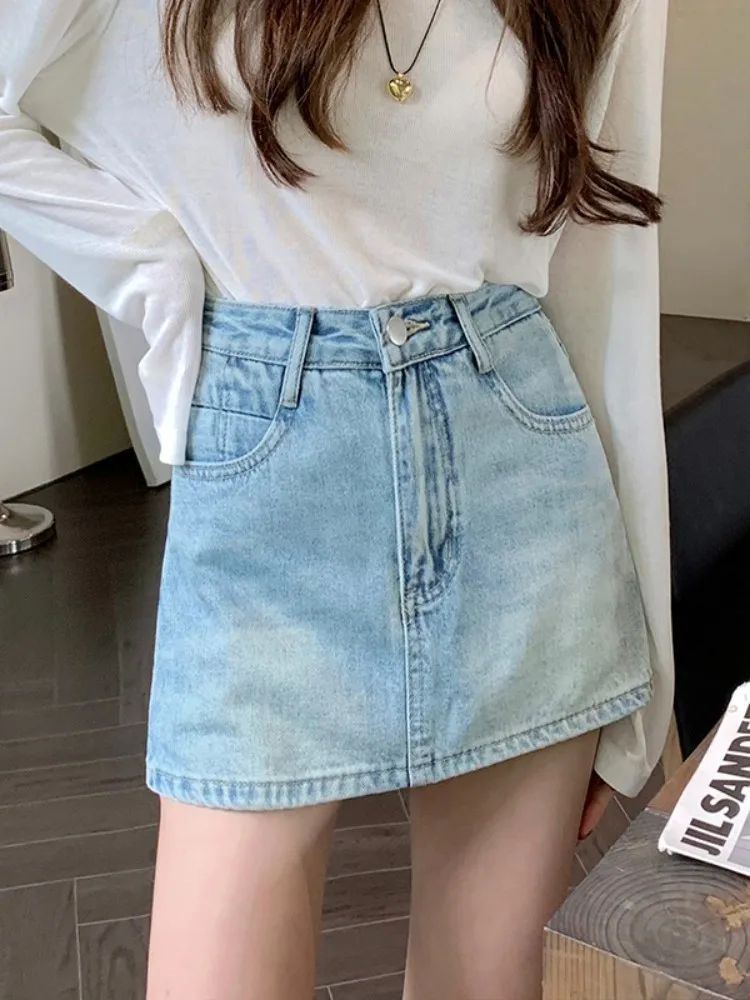 

ZHISILAO New Straight Mini Skirt Women Classic Blue A-line High Waist Denim Skirt Summer 2023