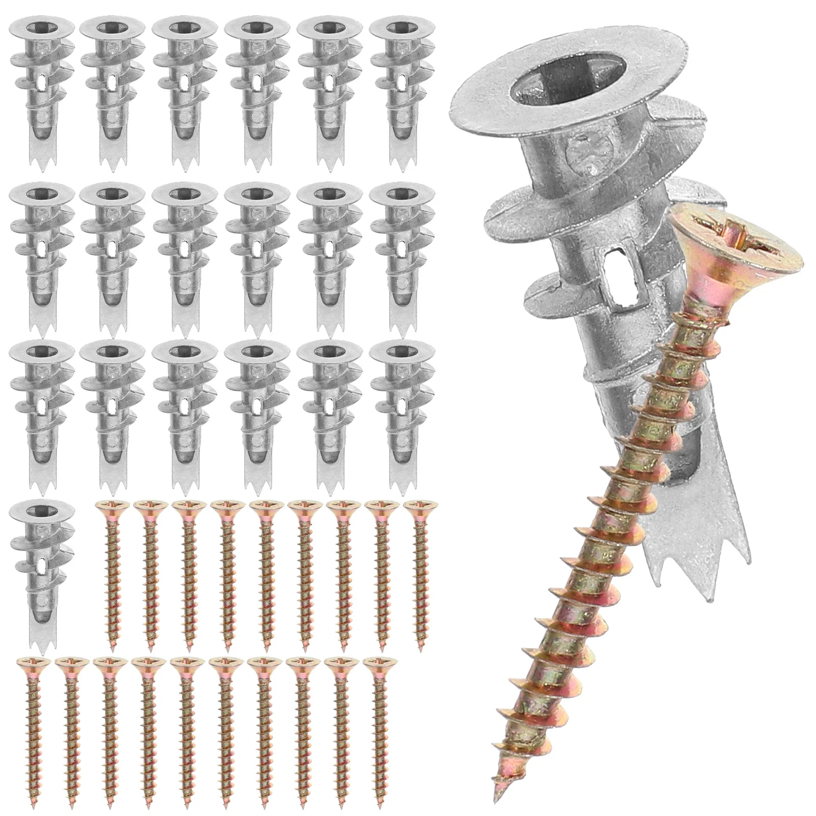 20 conjuntos de âncoras espirais para drywall, 13x32mm, parafusos de parede ocos autoperfurantes, liga de zinco, ferro, kit de âncora resistente para drywall para casa