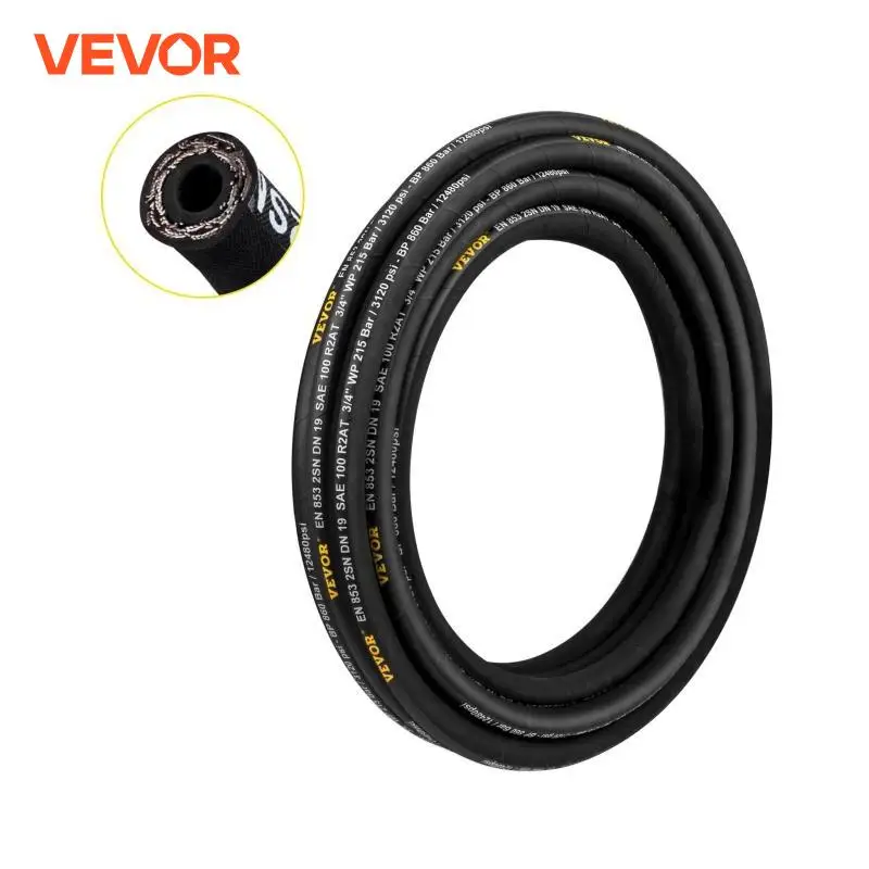 VEVOR Hydraulic Hose 3/4 inch x 50 ft Coiled Hydraulic Hose 3120 PSI Rubber Hydraulic Hose with 2 High-Tensile Steel Wire Hose