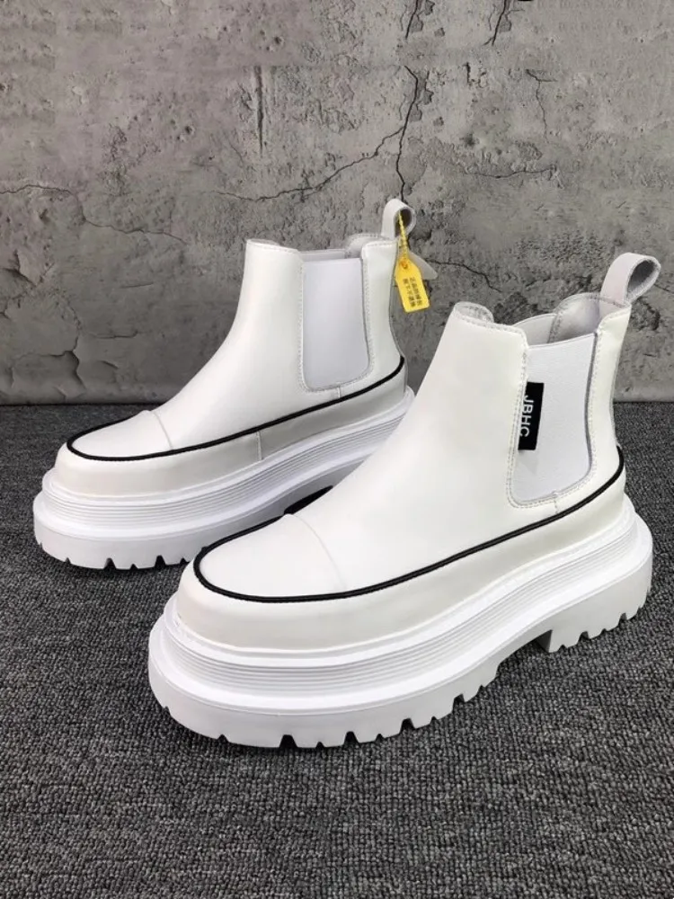 Sepatu bot kulit asli Hip Hop pria, sneaker atasan tinggi kasual musim semi musim gugur, Slip On, dasar tebal penambah tinggi