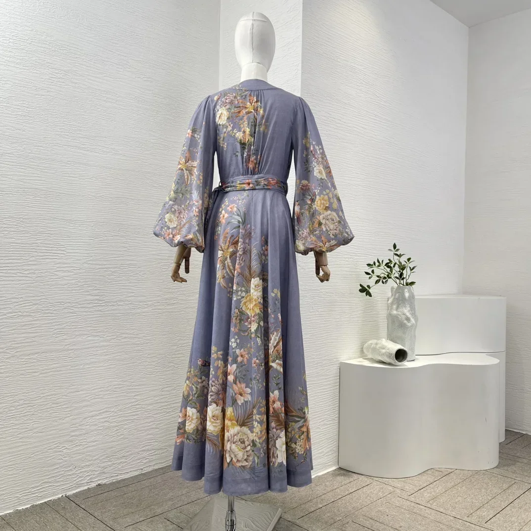 Pure Cotton High Quality 2025 Latest New Re-tro Floral Print Lace-up Full Lantern Sleeve Holiday Women Wrap Midi Dress