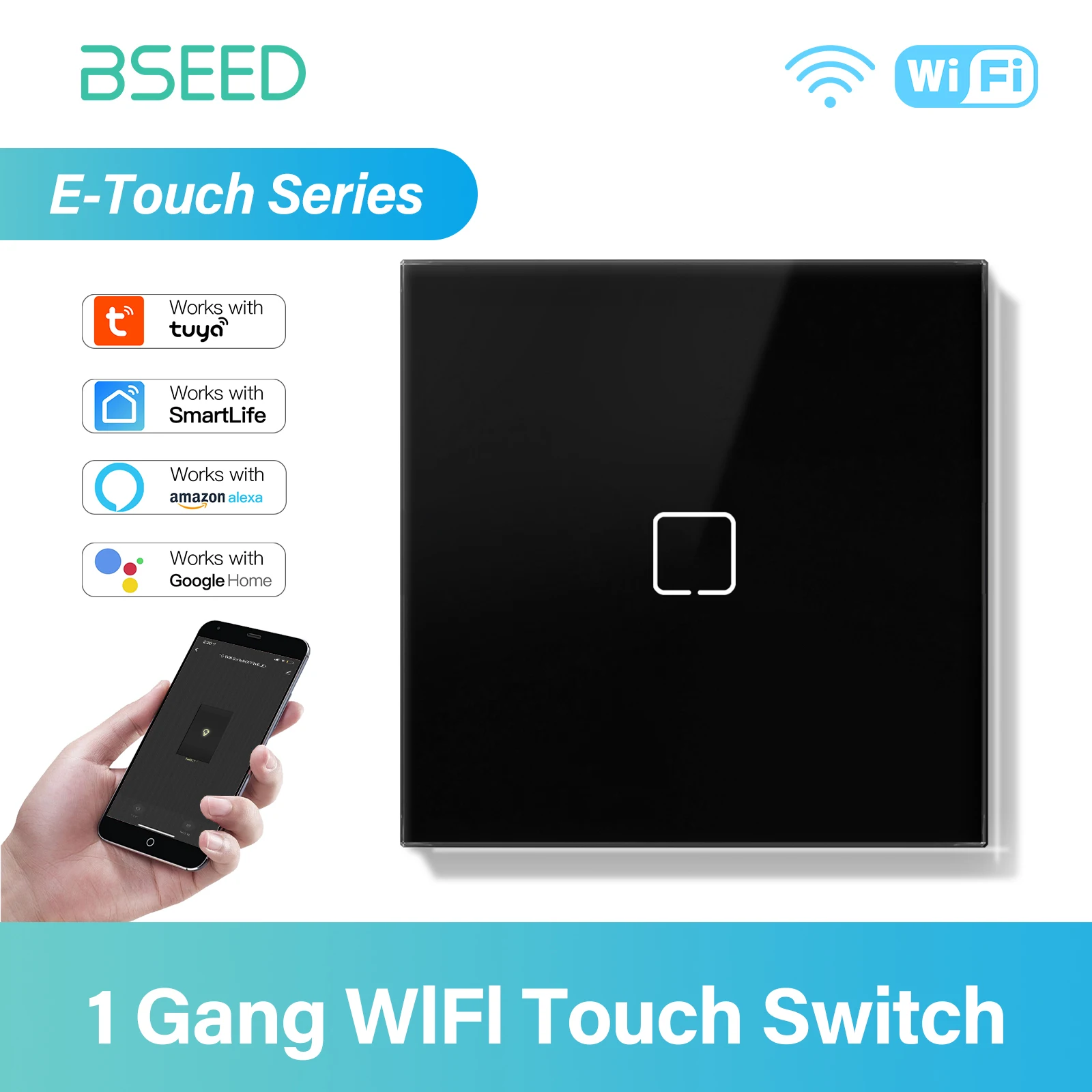 BSEED E-Serie 1-fach 1/2/3-Wege WLAN-Touch-Schalter Wandschalter für Treppen Tuya Smart Life Alexa App-Steuerung Gelbe Hintergrundbeleuchtung 10A Schwarzes Glaspanel 2/3/5/8/10er Pack