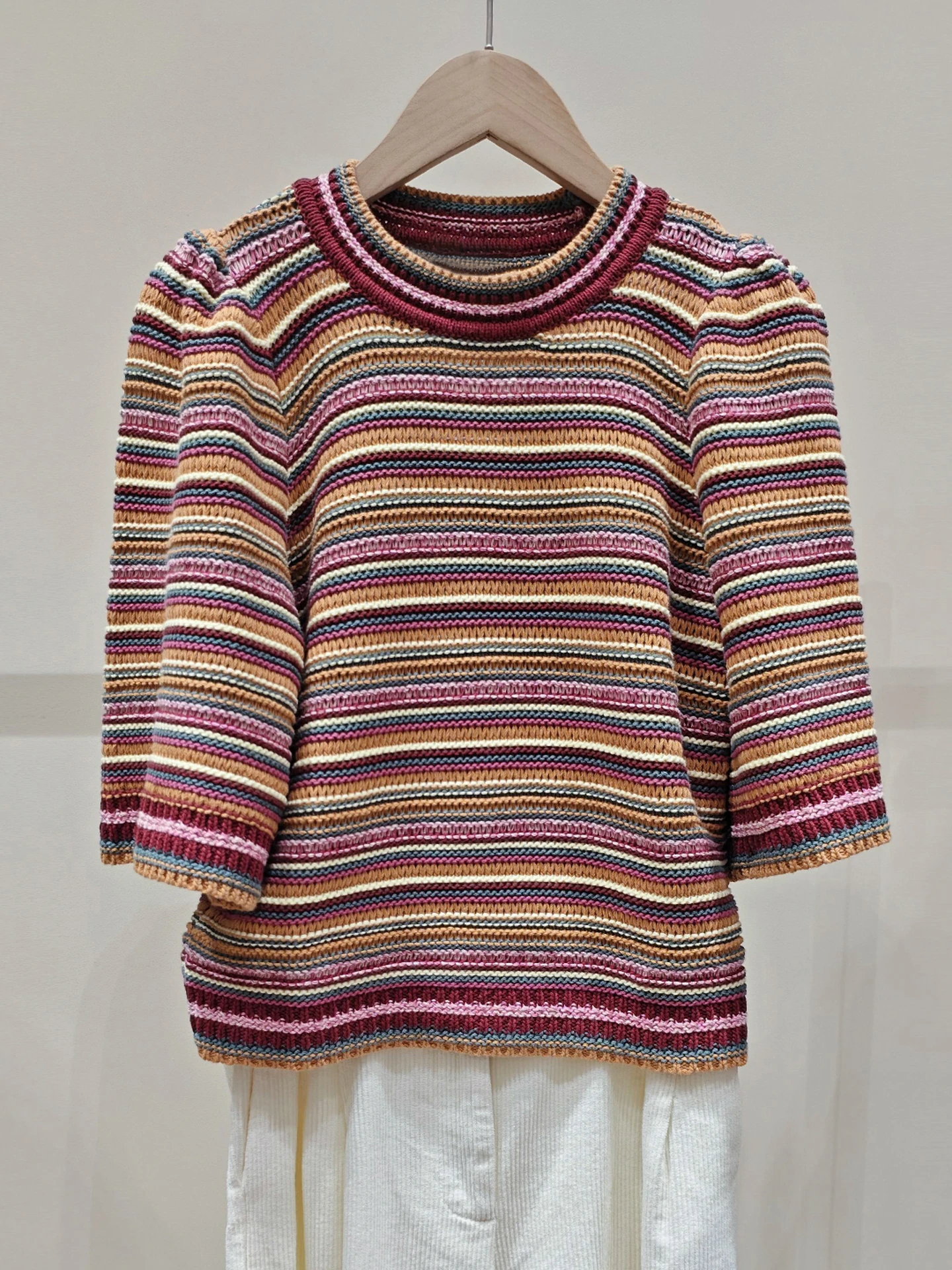 

Casual Versatile Striped Knitted Top Women's Premium Spring New Arrival Soft Loose Fit round Neck Seven Sleeve Length