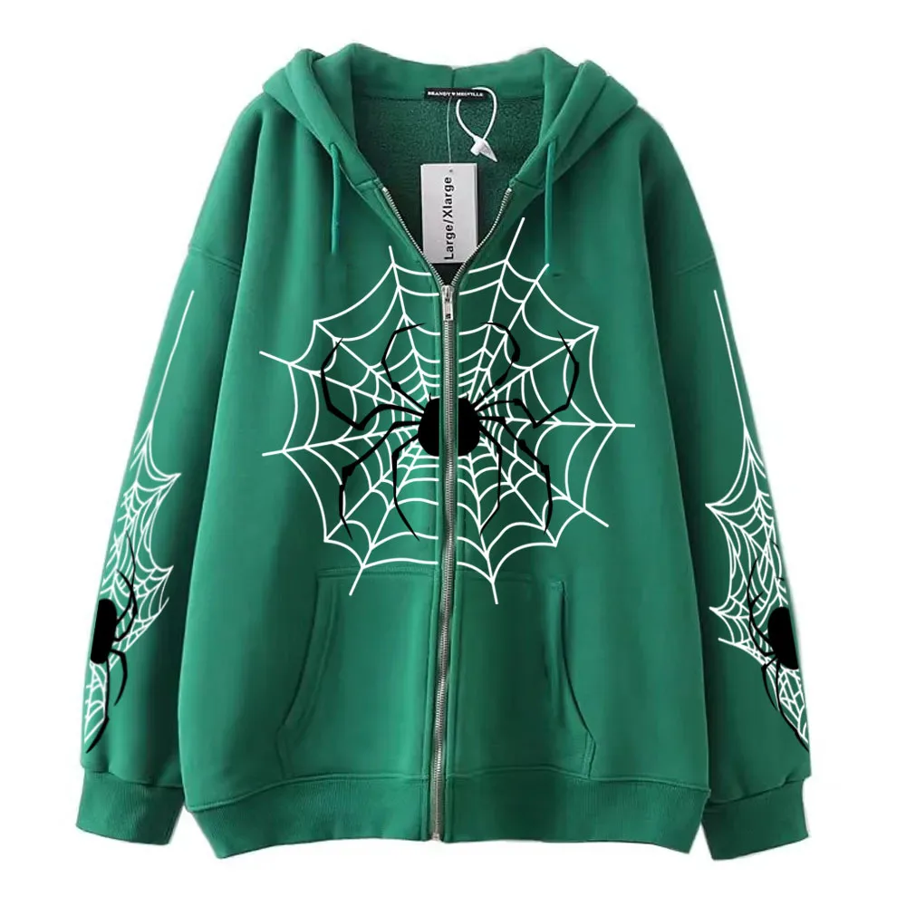 Spider Cobweb Zipper Hoodies Retro Gothic Hip Hop Streetwear Hoodie Women Men Fashion Oversized Sweatshirt Couples Jacket Coat