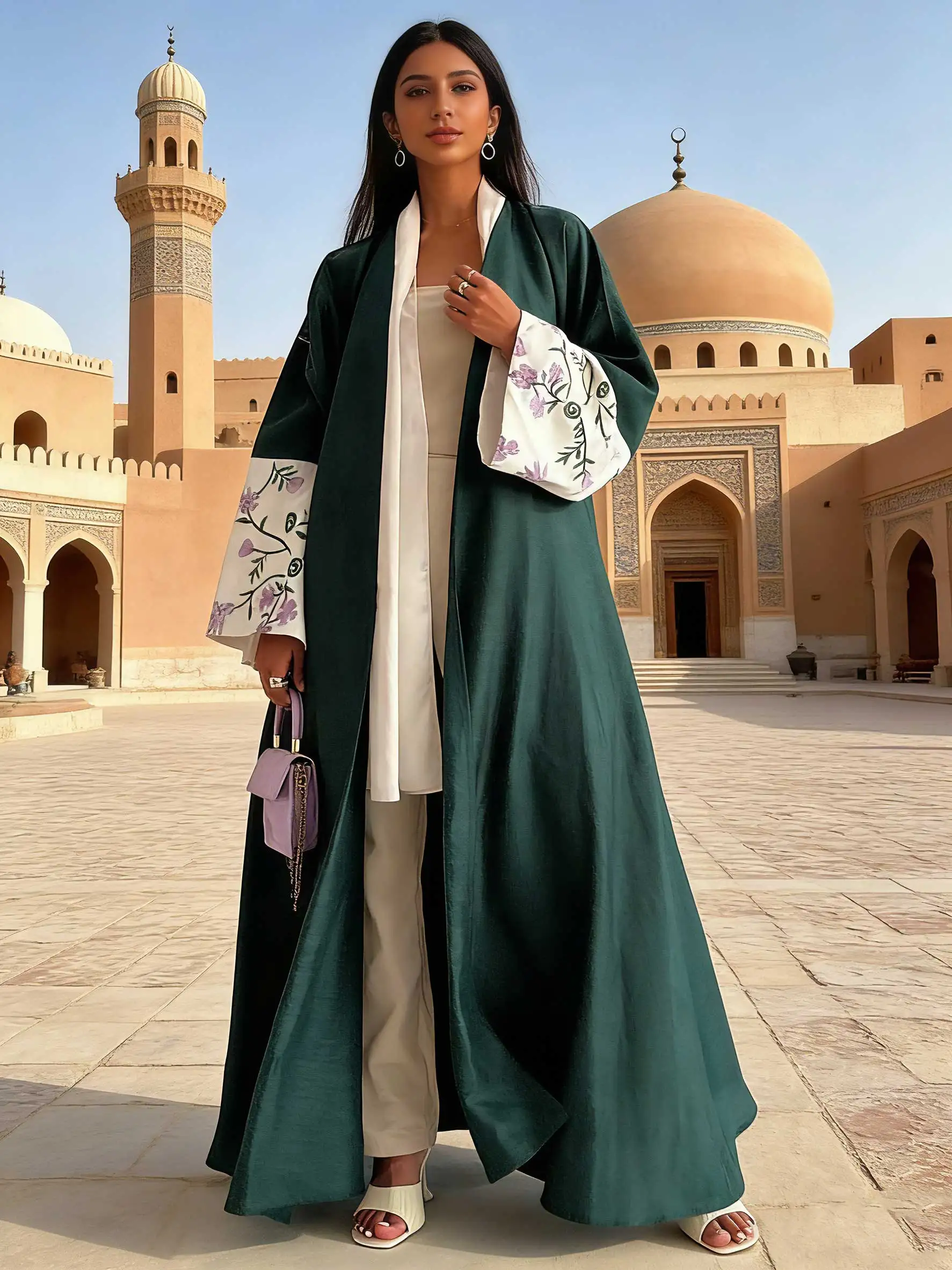 

Шикарный лесной зеленый комплект манжет с открытой передней частью Абая с цветочной вышивкой, женский мусульманский марокканский кафтан, Рамадан, ислам, Дубай, арабские халаты