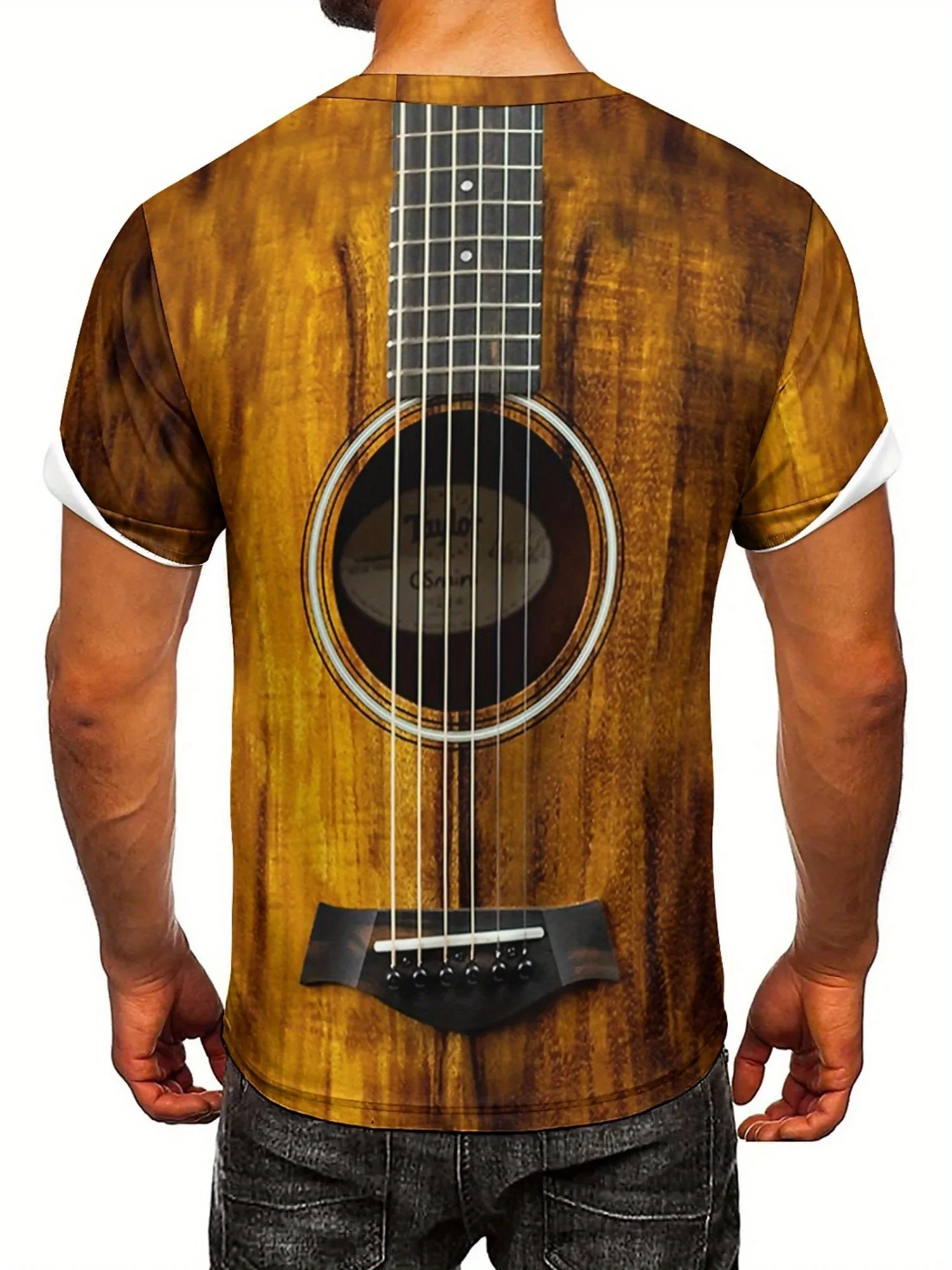 3D Guitar Print T-Shirt - Short Sleeve, Crew Neck, Nature-Inspired Design with Moonlit Forest & Mountain Scene