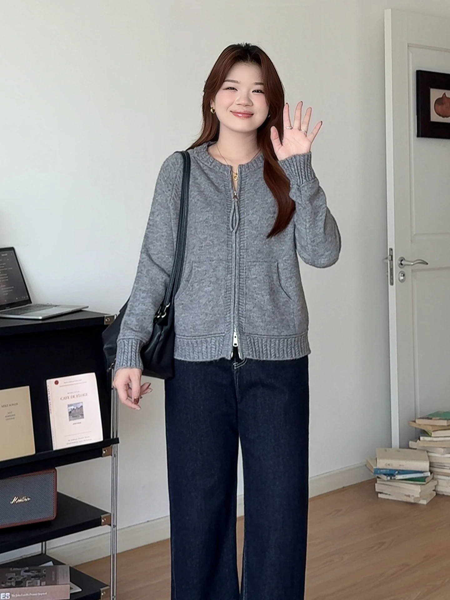 

Вязаный открытый кардиган больших размеров с двойной молнией для полных осени, повседневная длинная утягивающая верхняя одежда с высокой талией све