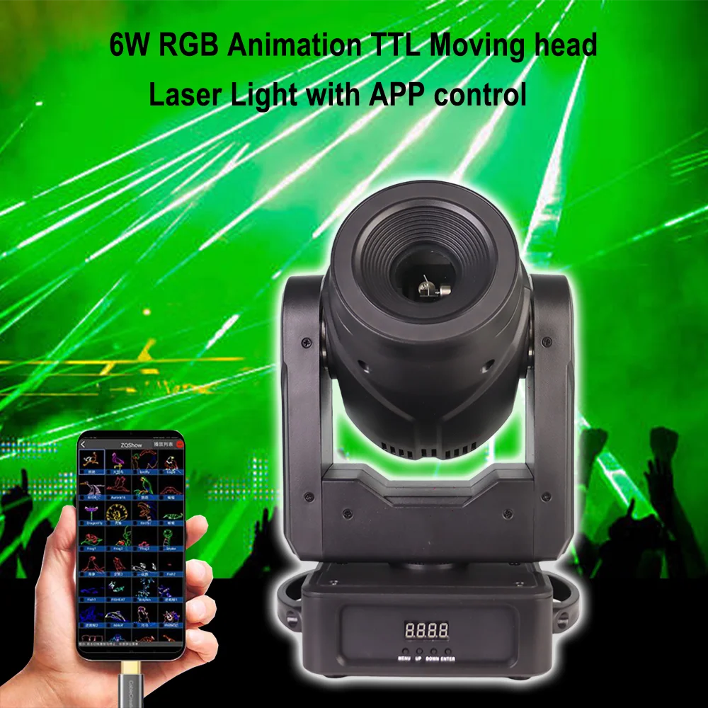 

6 Вт RGB Animation TTL лазерный свет с подвижной головкой и управлением через приложение DMX512 20 kpps для DJ, дискотеки, вечеринки, свадьбы, Рождества, бара, клуба