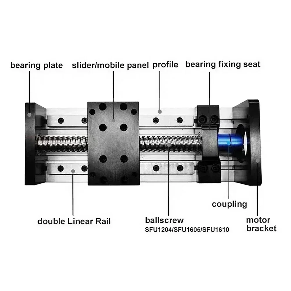 Trilho de guia linear, estágio deslizante, trilho linear duplo, eixo xyz, parafuso esférico 1605 1610 para nema 23 stepper 60mm, servo motor, carga máxima 60kg