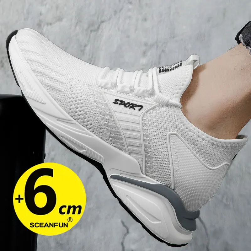 New height increasing shoes for men 6cm invisible elevator sneakers White leathe sport zapatillas de Hombre lift height