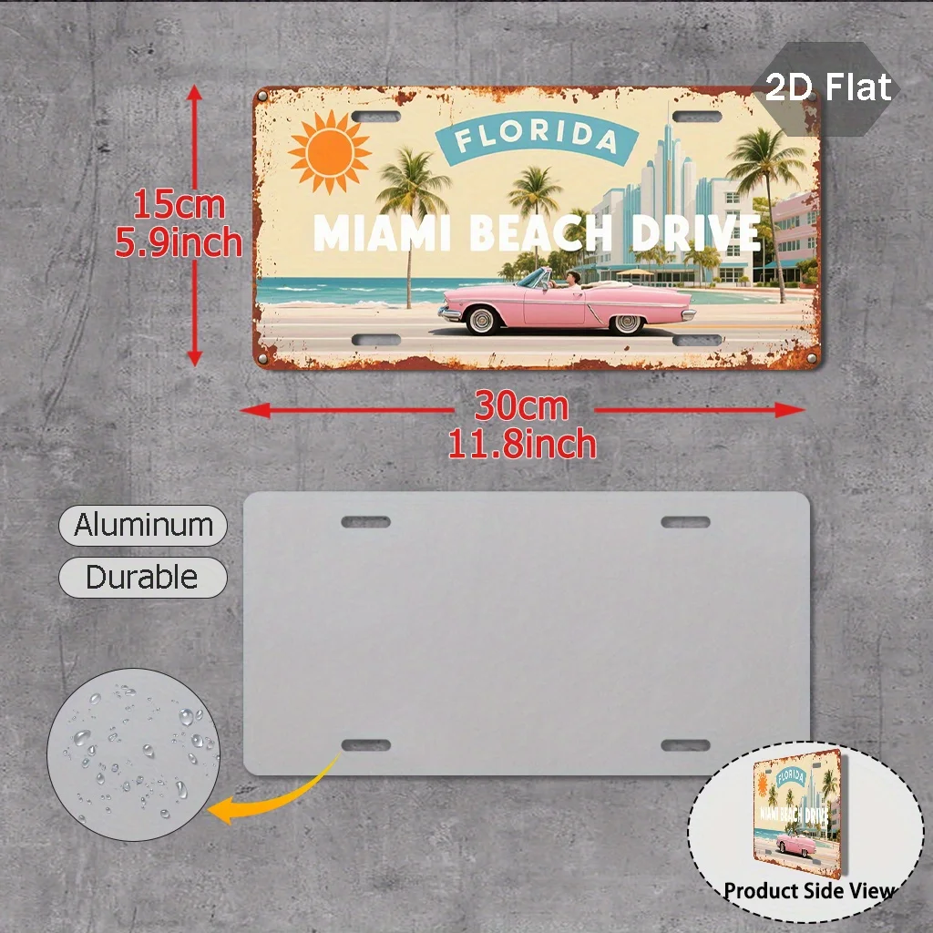 2D Flat, 1pc Vintage Florida License Plate - Retro Miami Beach Driving Plate with Palm Tree & Classic Convertible Car Design - L