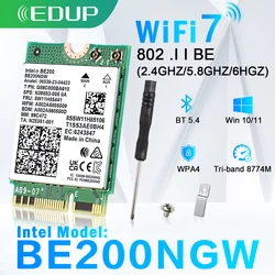 EDUP-tarjeta de red WiFi7 Intel BE200, adaptador Wifi de 8774Mbps, Bluetooth 5,4, triple banda, 2,4G/5G/6GHz, BE200NGW, M.2 NGFF, adaptador inalámbrico