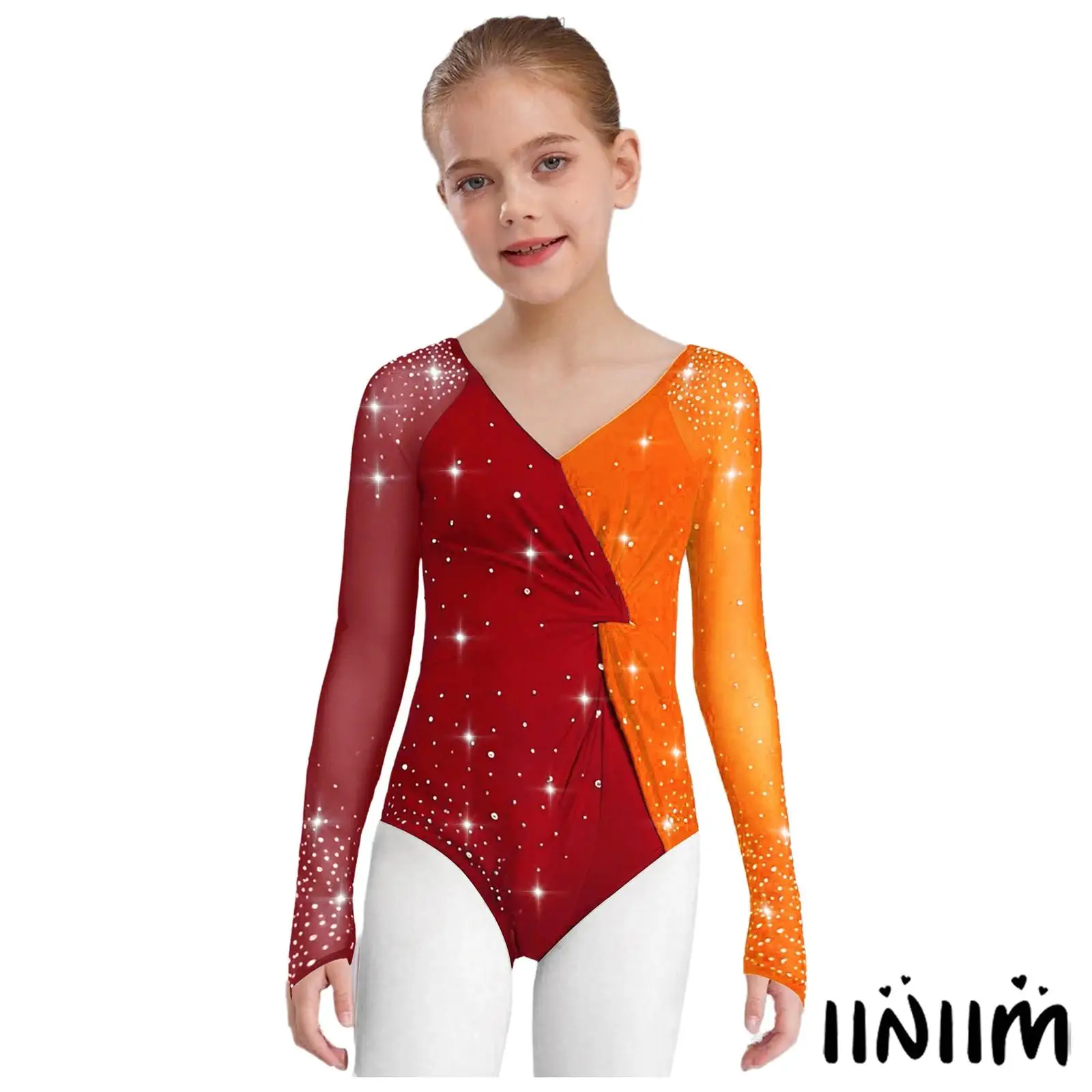 

Kids Girls Figure Skating Dance Leotard Sheer Mesh V-Neck Long Sleeves Shiny Rhinestones Ballet Gymnastics Performance Costume
