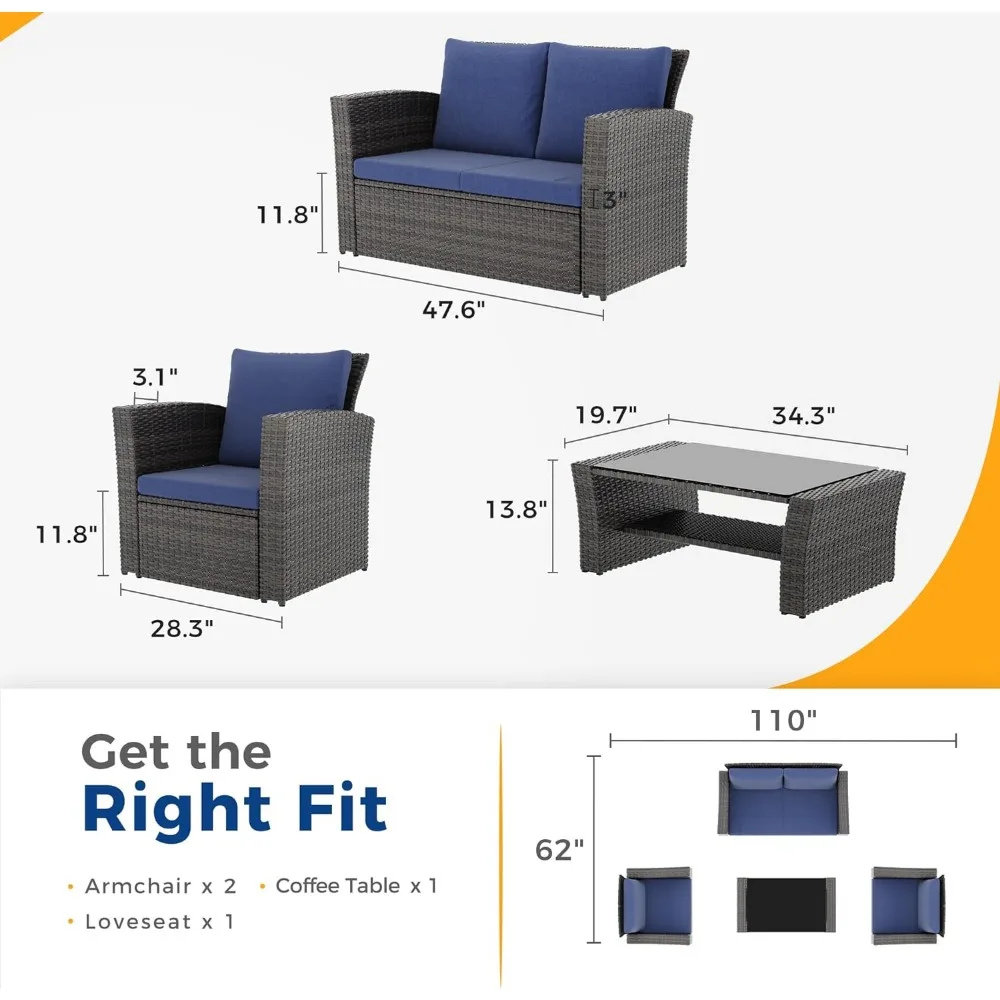 Set furnitur teras luar ruangan 4 buah, Set percakapan anyaman untuk dek teras, kursi Sofa rotan abu-abu dengan Bantal (biru