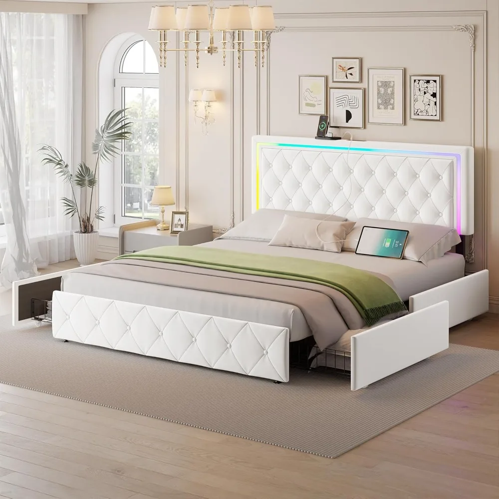 

Queen Bed Frame with 4 Storage Drawers and Adjustable Headboard, Modern Velvet Upholstered Platform Bed Frame Queen Size wit