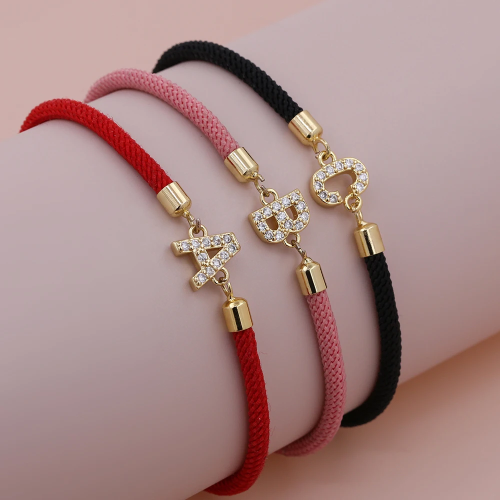 Fashion Gold Color Initial 26 Letters Alphabet  CZ Bracelet Pink Red Color String Brass Caps Trendy Lover Adjustable Bracelet