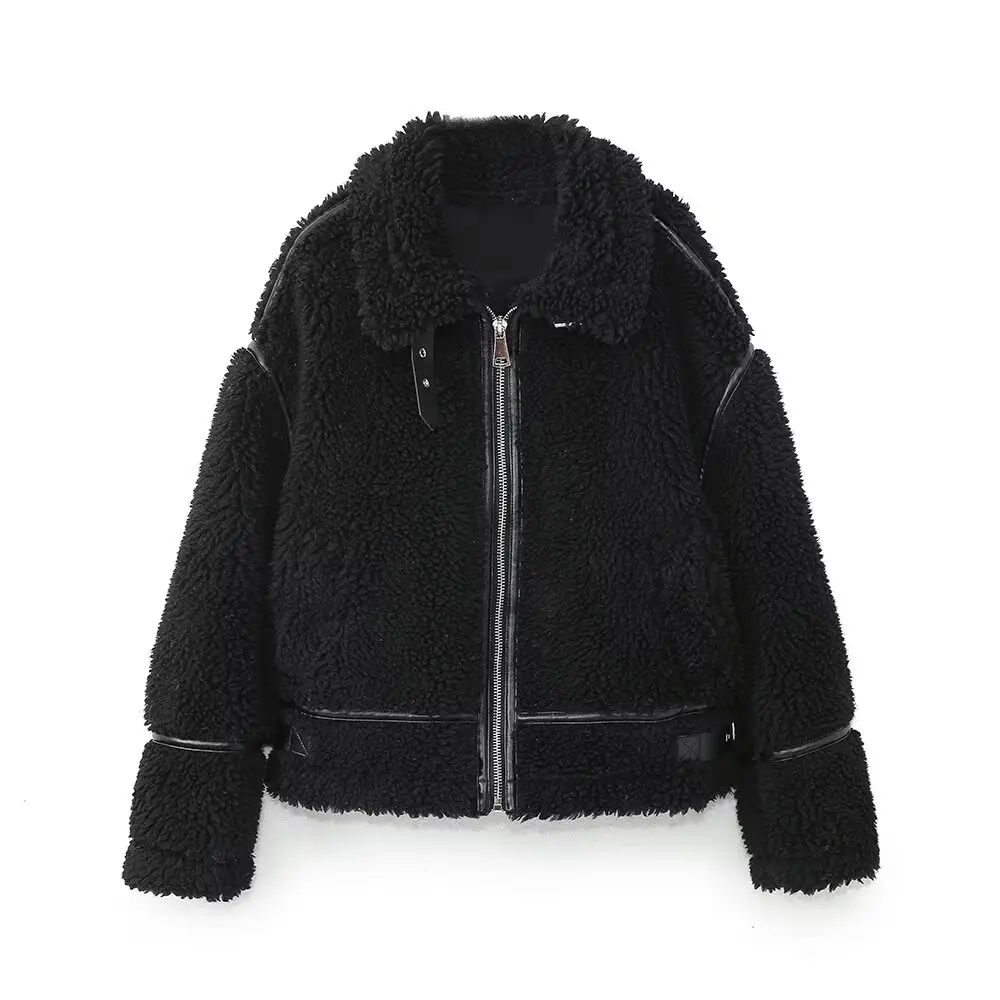 TRAFผู้หญิง2024ฤดูใบไม้ร่วงและฤดูหนาวใหม่แฟชั่นMinimwind Faux Fur Patchworkเสื้อแจ็คเก็ตซิปเสื้อแจ็คเก็ตOuterwear Mujer