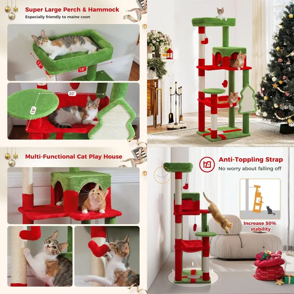 

5-Level Indoor Christmas Cat Tree with Large Hammock, Cozy Condo, Scratching Posts, and Top Perch
