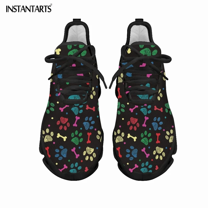 INSTANTARTS Colorful Cartoon Dog Paw Print Mesh Swing Sneakers for Ladies Breathable Lace up Platform Shoes Women Running Shoes