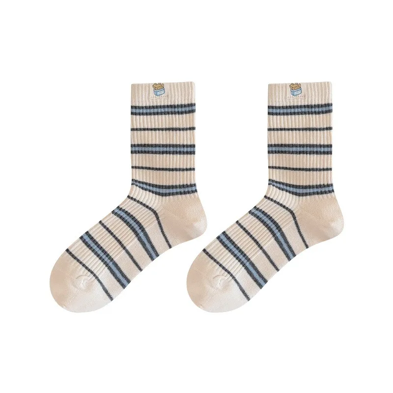 5 Pairs Autumn Winter Cotton Socks Gray Striped Women's Mid-Calf Coquette Socks College Style Knee-High Warm Socks High Quality