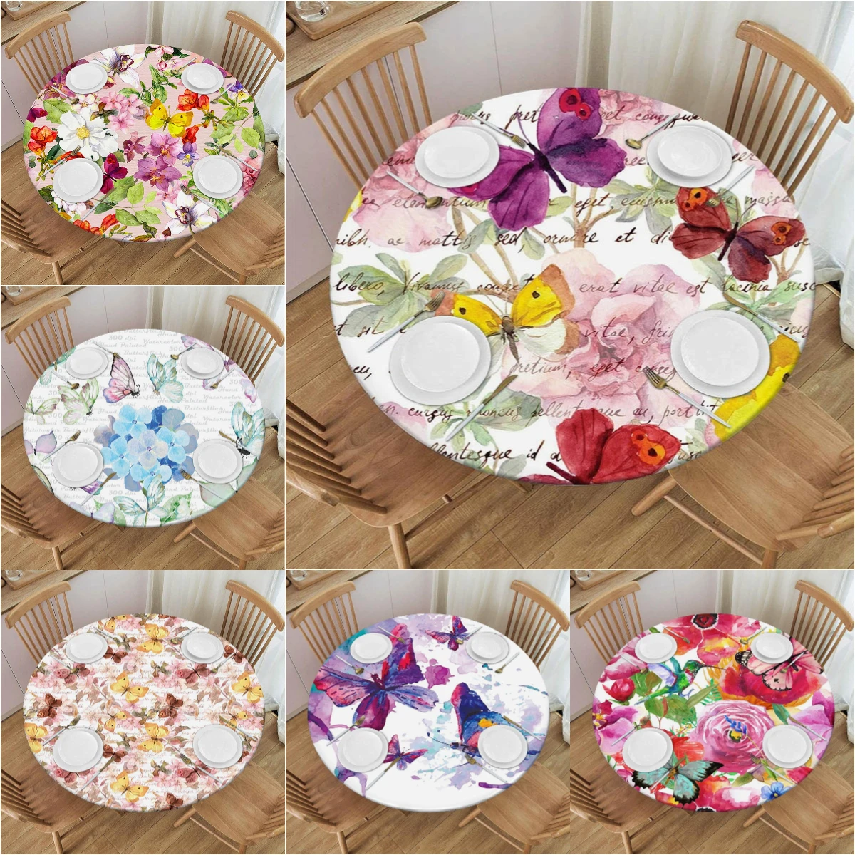 

Watercolor Butterfly Round Tablecloth Waterproof Elastic Edged Colorful Floral Print Fitted Table Cover for Indoor Outdoor Party