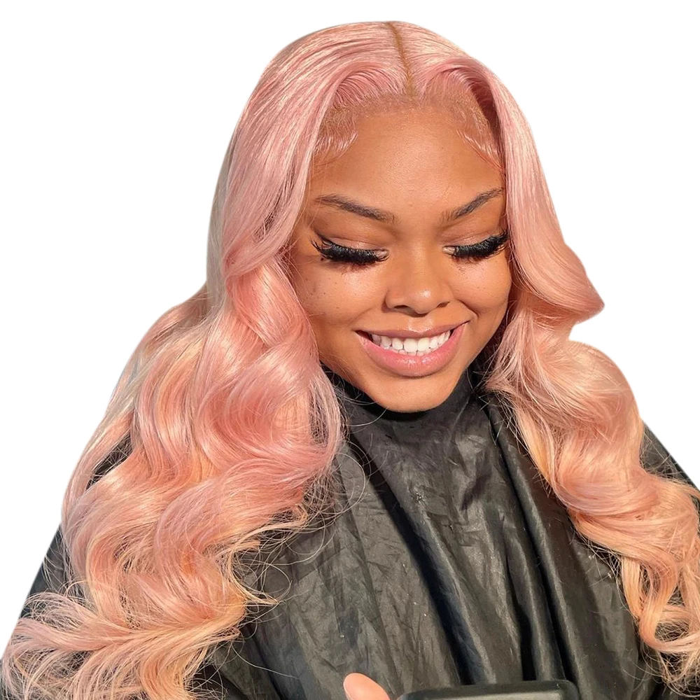 باروكة من شعر طبيعي بدون صمغ وردي فاتح جاهزة لارتداء شعر مستعار بدانتيل أمامي مموج مسبقًا 5x5 باروكة إغلاق دانتيل للنساء بدون غراء