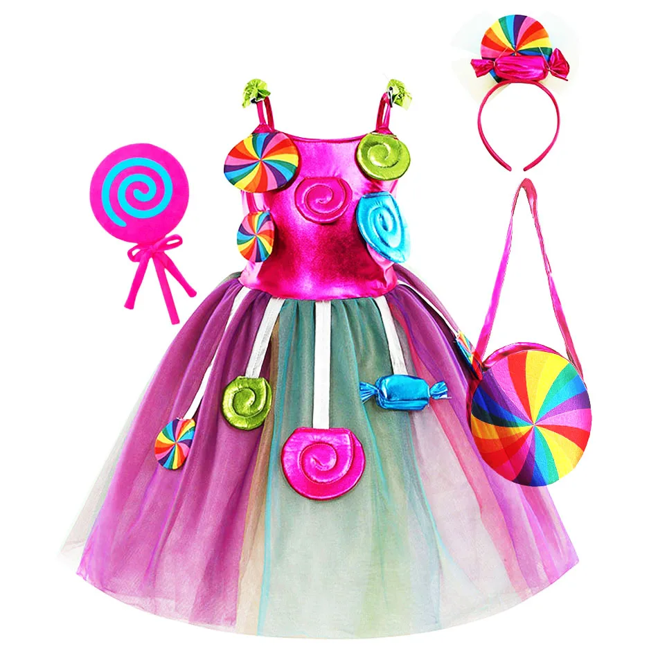 Rainbow Candy Princess Dress Girls Ball Lollipop Purim Costume for Kids with Headband Holiday Birthday Party Clothes Outfits