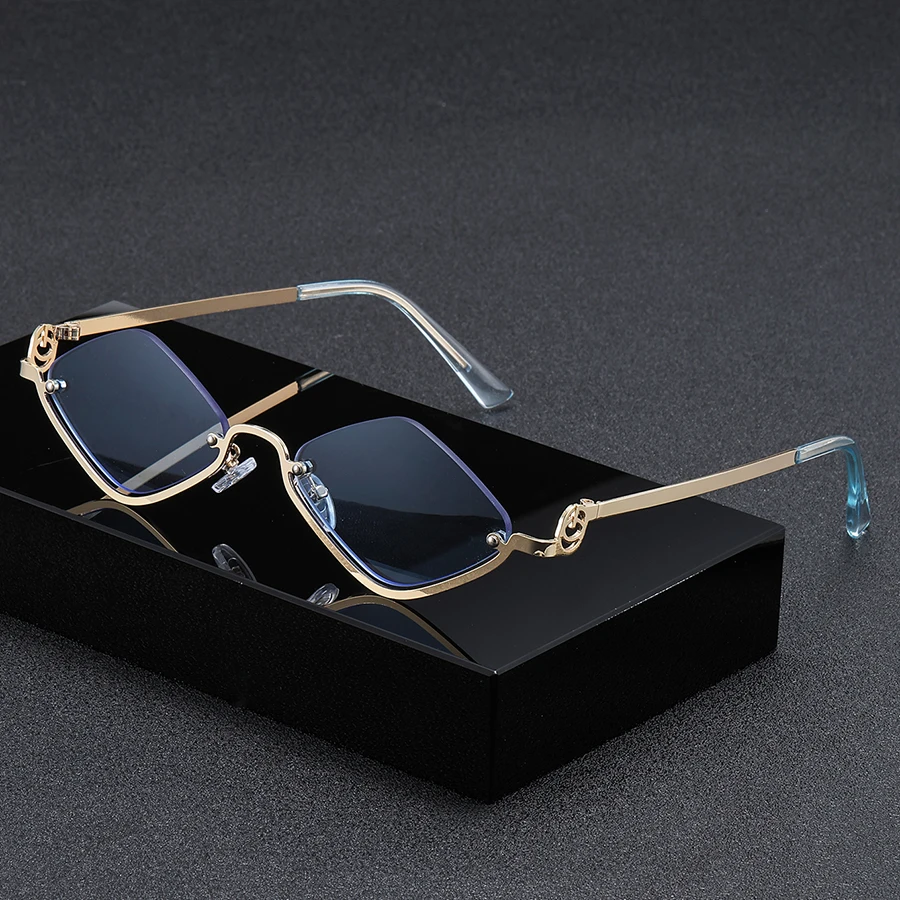 نظارات عصرية بنصف إطار على شكل ألماس على طراز Cyberpunk، نظارات معدنية للرجال والنساء، نظارات راقية عصرية بإطار صغير