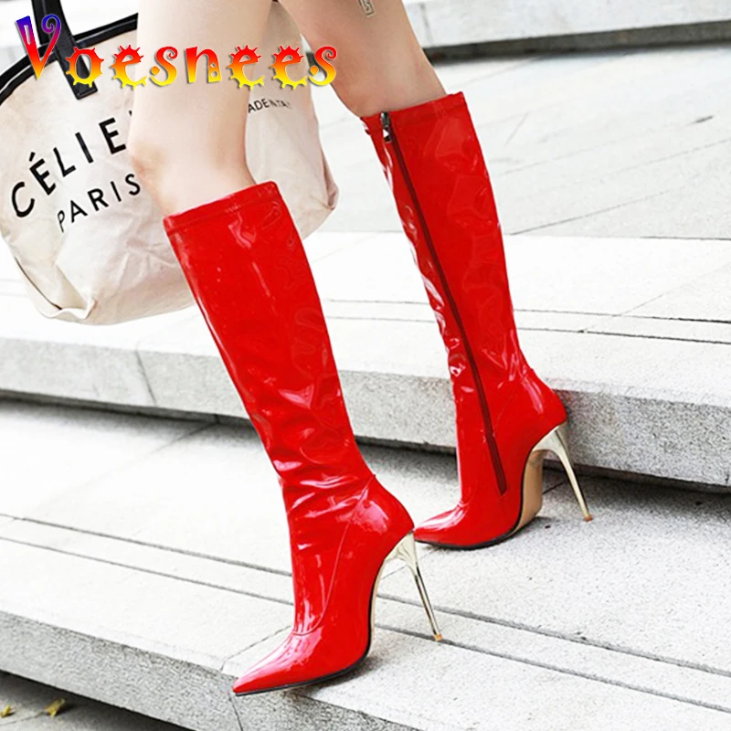 Red Soft Lacquer Leather Long Boots Side Zipper 10CM Sexy Model High Heels Fashion Pointed Toe Nightclub Women Shoes Winter New