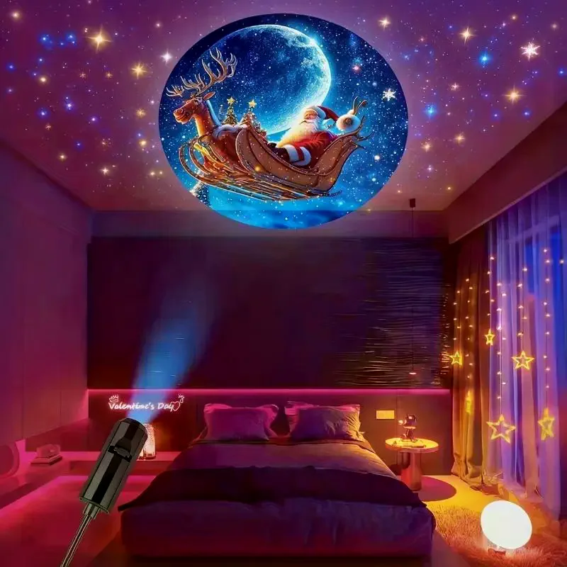 USB Christmas Projector Light 4 Replaceable Slides Santa Sleigh Reindeer Pattern Rotatable For Bedroom Party Home Decoration