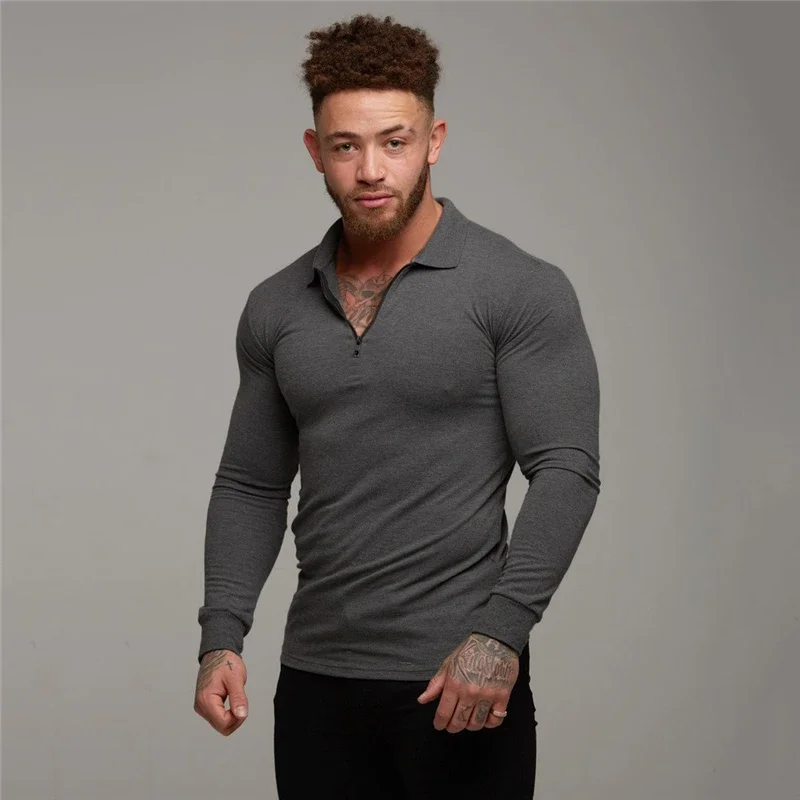 Polo Shirt Solid color Long Sleeve Casual Men Fashion Slim Fit Fitness Bodybuilding Men\'s Polo Shirt Autumn Cotton polosshirt