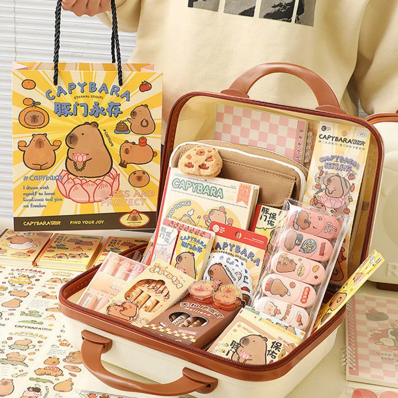 Capybara Pen Bag Set, Maleta, Clipe Dupla Face, Caneta Notebook, Little Bear, Escola, Unisex, Presente, 22x30x15cm