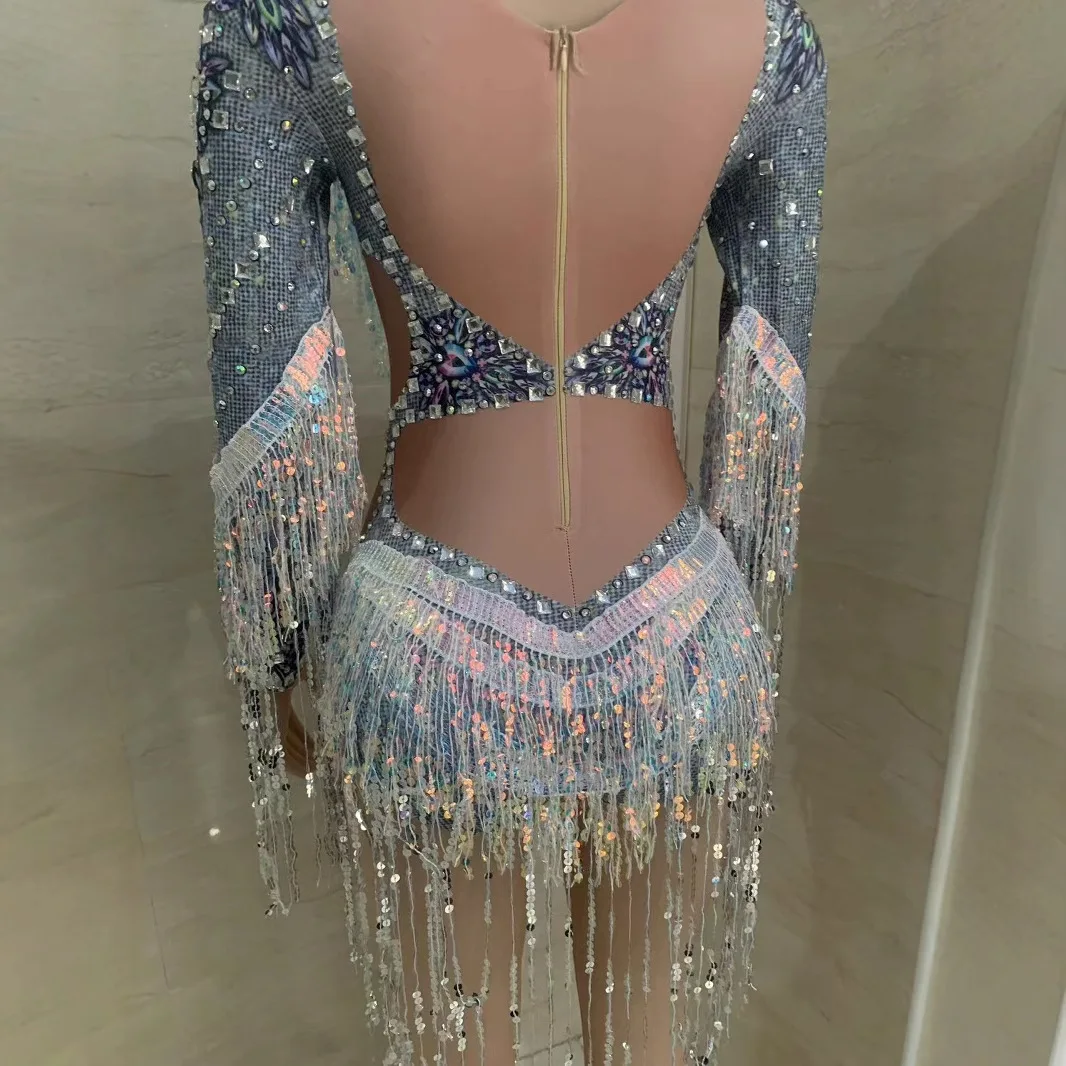 Costume Silver Sequins Tassel Diamond Unique Design Women's Clothing Long Sleeves Loose Robe De Soirée Femmes Robes Bal De Promo