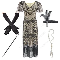 Plus Size 1920s Flapper Roaring 20s Great Gatsby Fringed Sequin Beaded Dress and Embellished Art Deco Dress Accessories Vestidos