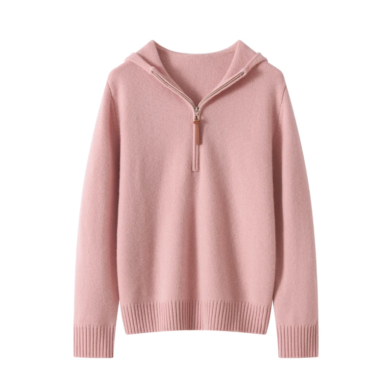 

Высококачественный женский пуловер из 100% чистого кашемира, роскошный брендовый свободный вязаный свитер, свободный воротник с капюшоном, топы, джемпер на молнии