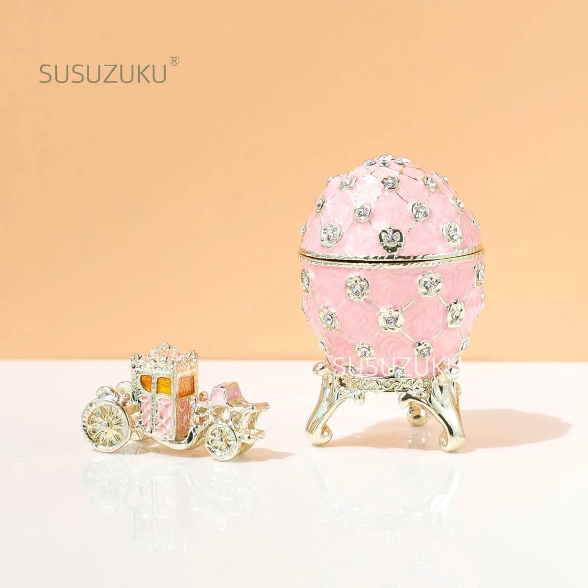 SUSUZUKU1Pc Vintage Blue Imperial Faberge Egg Style Trinket Box with Mini Royal Carriage, Unique Gift for Easter Collection
