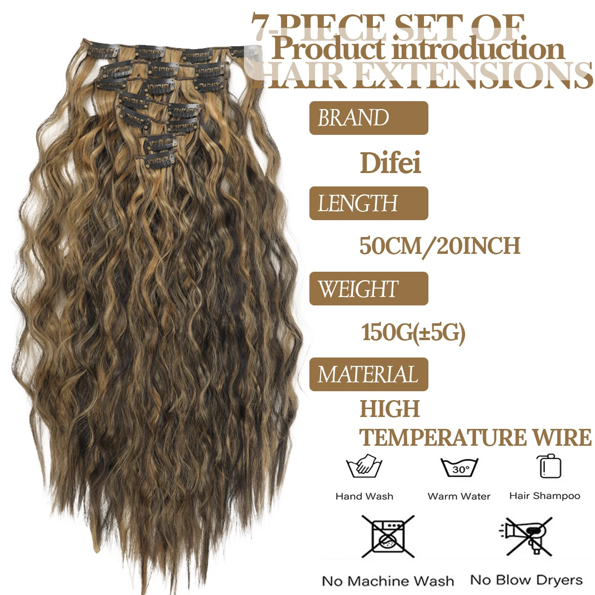 7 Pieces Of Wavy Curly Hair Synthetic Hair Extension Wig Clip In Women's Hair Heat-resistant Soft Hairpiece Black Brown