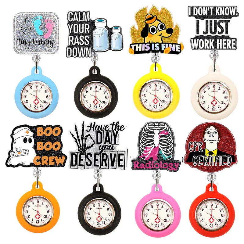 Glitter Hospital Health Care Acrylic Medicine Bottle & CPR Lovely Nurse Doctor Alligator Clip Pocket Watches Medical Hang Clock