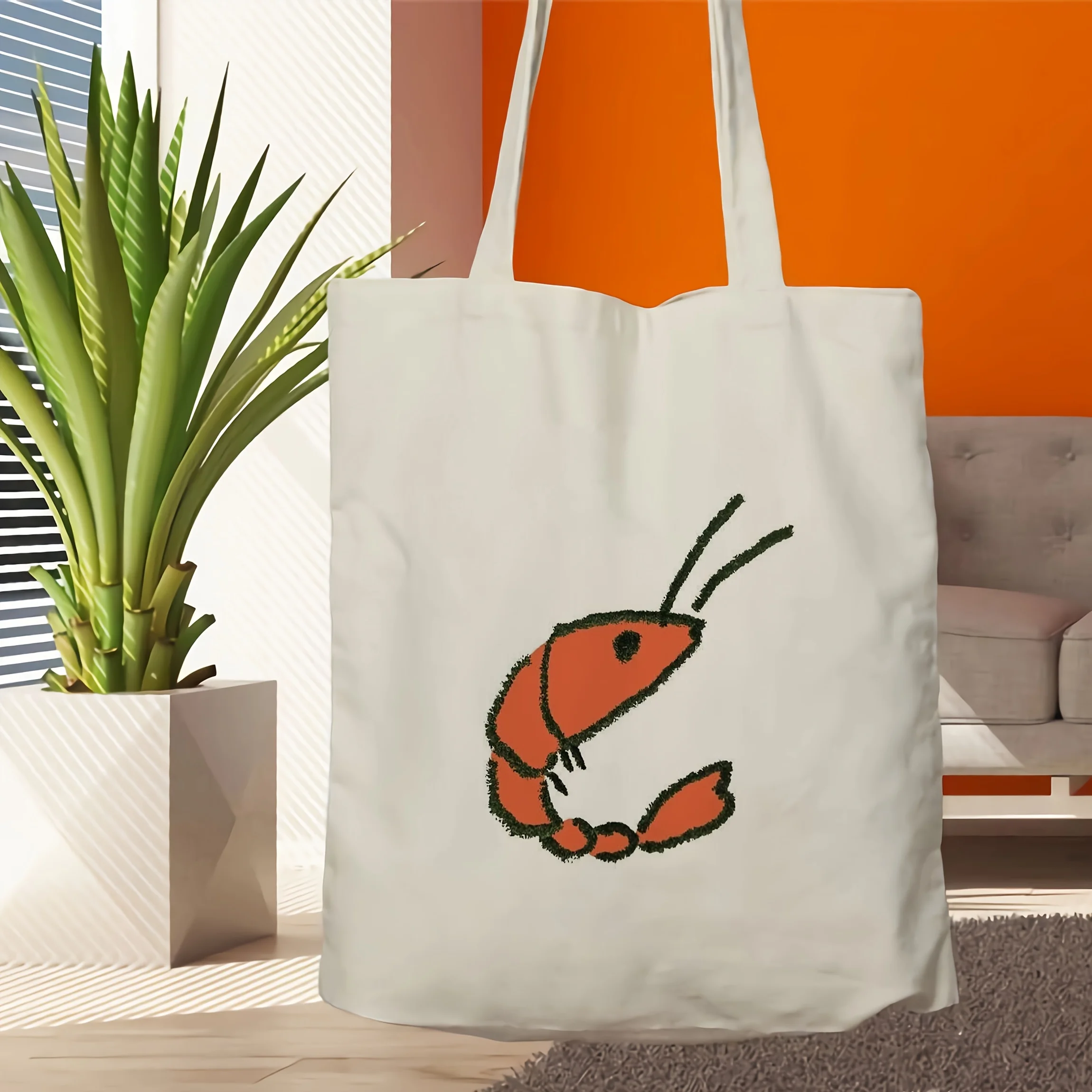 A Simple line drawing style shrimp print canvas tote bag, suitable for daily use, shopping, school, and travel