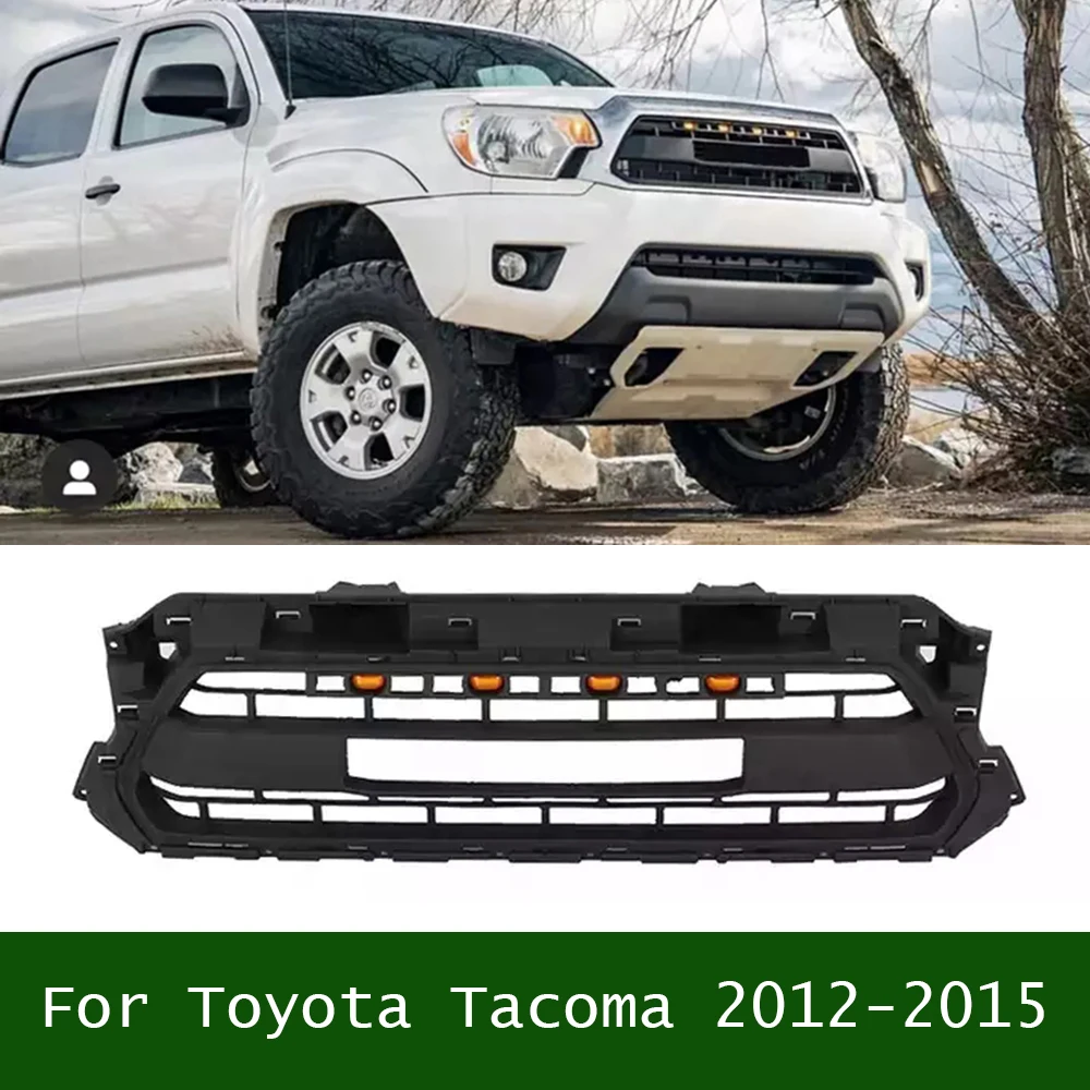 

For Toyota Tacoma 2012-2015 Mash Grill With 4 LED Lights Front Bumper Grille Trims Cover Racing Grills Black Compatible Fit