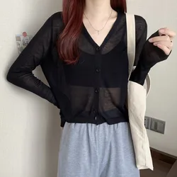 Women's Sexy Long Sleeve Ice Silk Cardigan Korean Style Button Black V-Neck Thin Cardigans for Woman 2023 Summer Sunscreen Tops