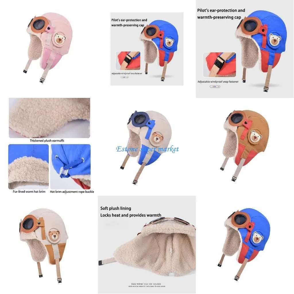 

090B Lovely Unisex Baby Hat With Glasses Warm Ear Flaps Lei Feng Hat Cold Winter Head Accessory