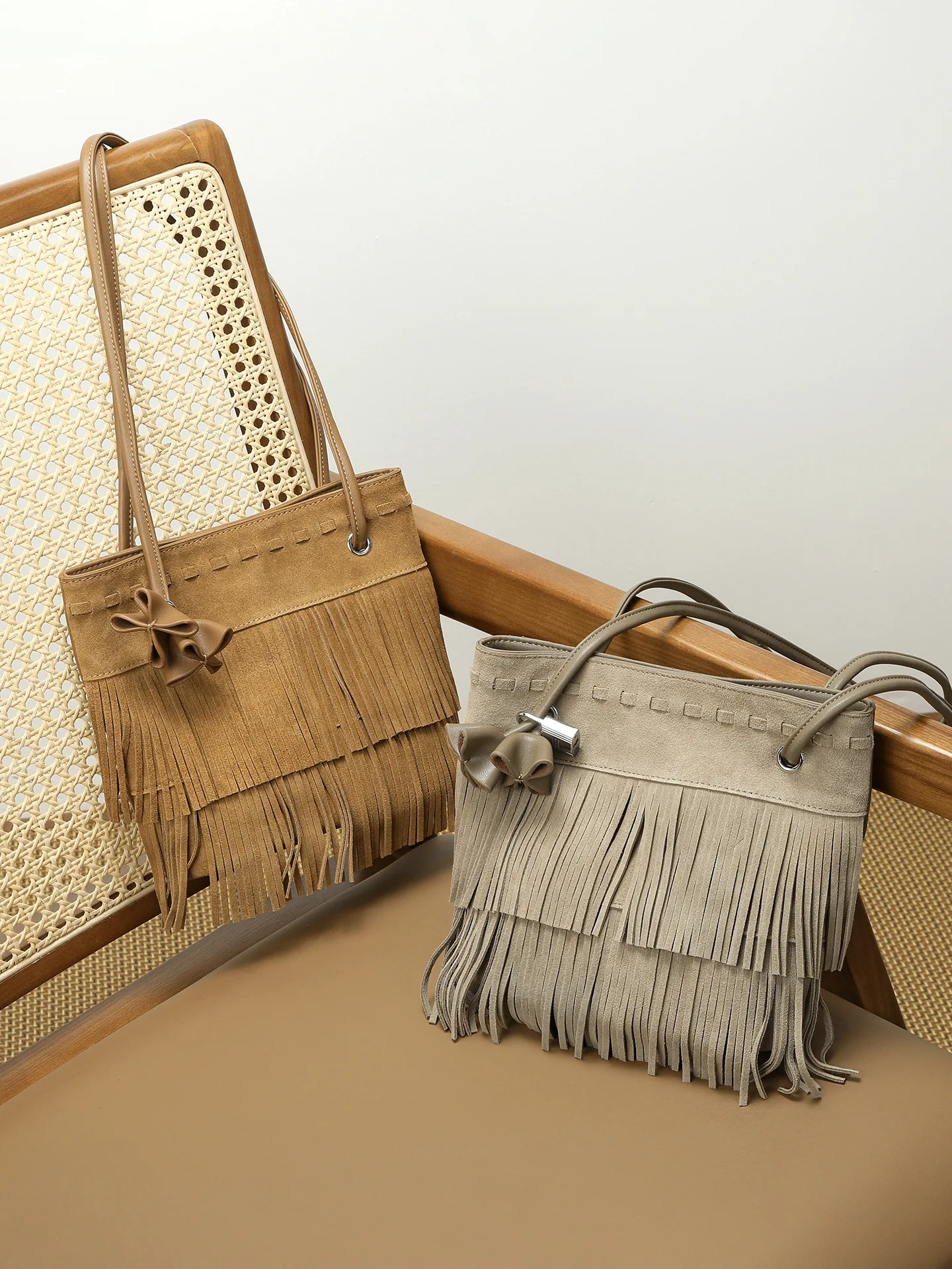 

FIRMRANCH Vintage Western Cowboy Style Suede Nubuck Leather Tassel Design Women's Square Shoulder Bag Tote