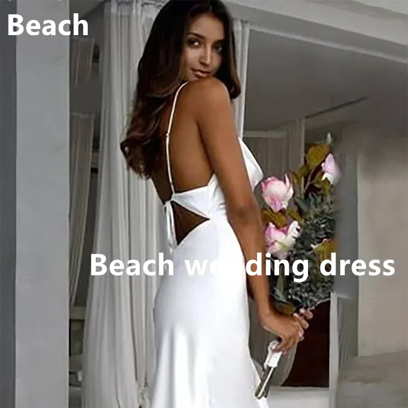 Beach Wedding Dresses Elegant Boho Cowl Neck Draped Bridal Gown Cut Out Back Plain Satin Sweep Train Vestido De Noiva for Bride