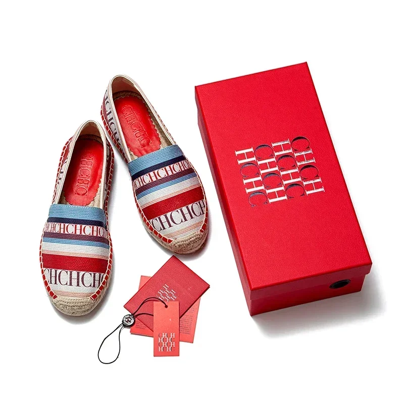 

CH Striped Slip-On Fisherman Shoes Brand Letters Upper Red Stitch Detail Jute Rubber Anti-Slip Sole Multi-Scene Use Red Gift Box