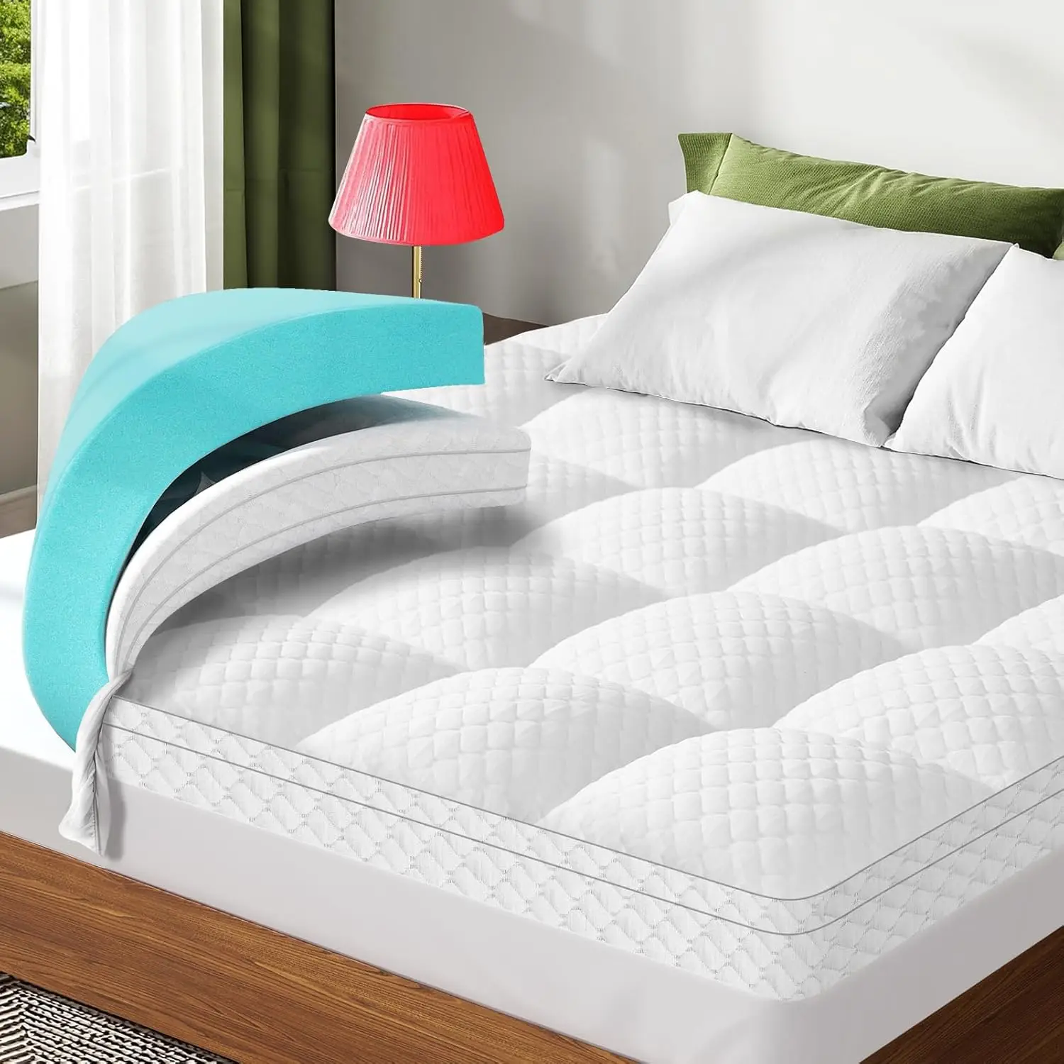 Dual Layer 3 Inch Memory Foam Mattress Topper King Size, Cooling Gel Plus Pillow Top Pad with Deep Pocket
