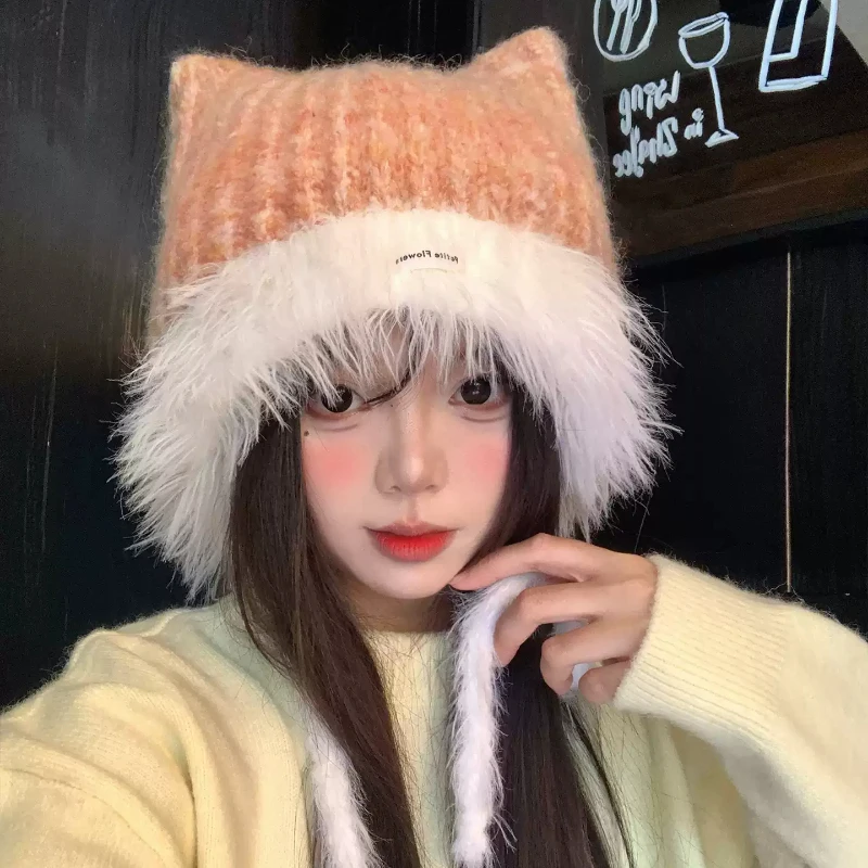 Sweet Cat Ear Earflap Beanies for Women Soft Knit Hat Fuzzy Faux Fur Trim Long Plush Tie‑Strings Winter Warm Casual Streetwear