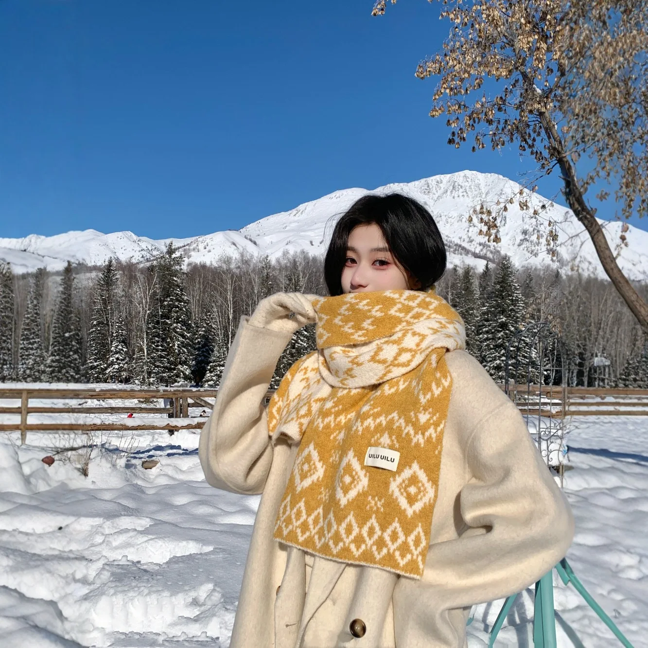 Double Face Diamond Knit Scarf Women Yellow Winter Warm Fashionable Korean Style Student Shawl