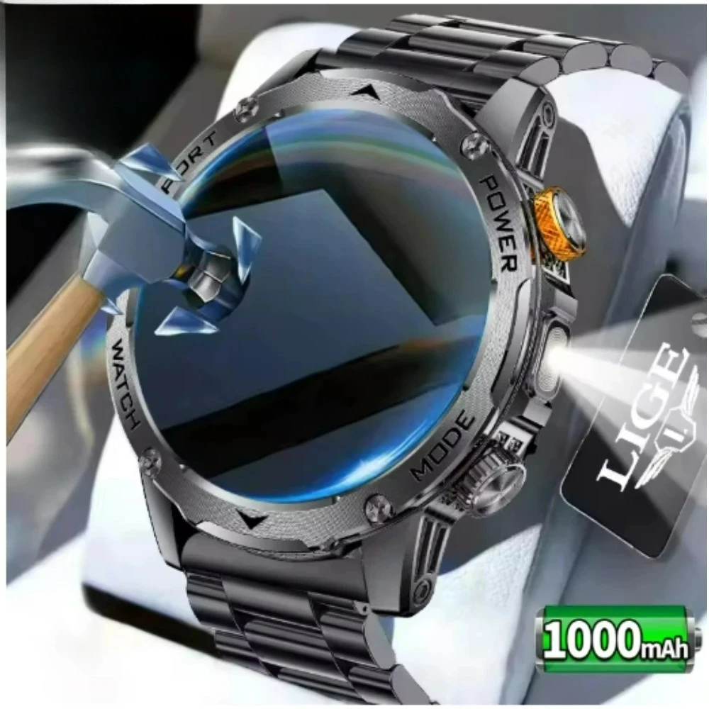 

Новые умные часы 1000 мАч для мужчин, стальные, спортивные, с фитнес-трекером, LED-фонариком, водонепроницаемостью 3ATM, поддержкой Bluetooth-звонков, совместимые с Android и iOS.