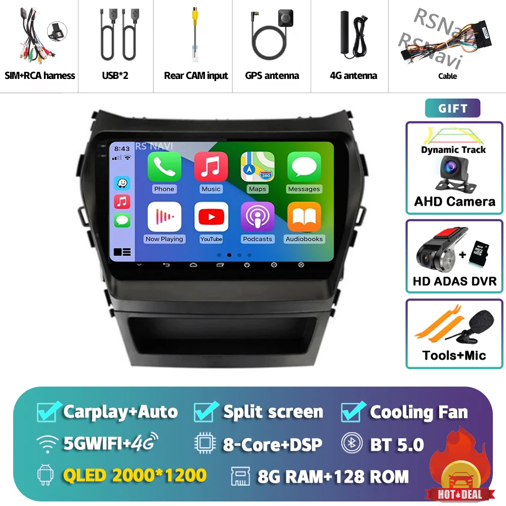 Android 15 Carplay Auto 2K Scherm Autoradio Multimedia Speler voor Hyundai Santa Fe 3 2013 - 2016 Autoradio GPS Stereo Head Unit